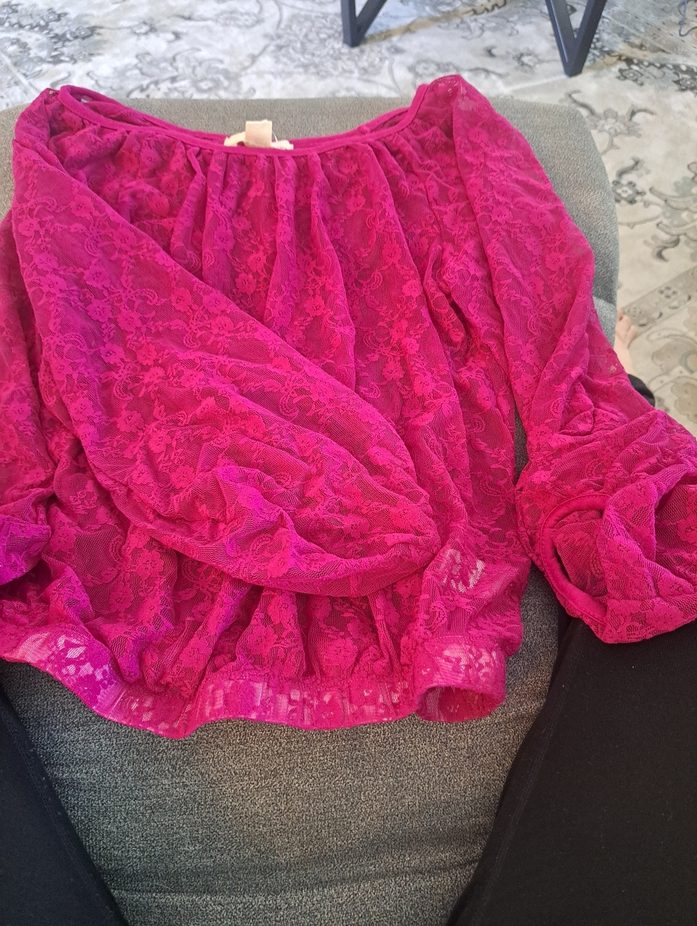 Women's Fuchsia Lace Peasant Blouse -  Lightweight Long Sleeve Top